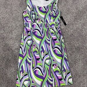 Tahari ASL Purple Green Printed Cotton Sleeveless Sheath Dress Women’s Size US 8